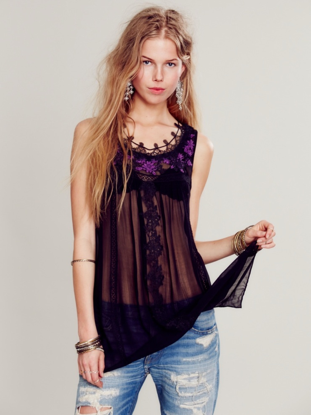 Free People Black Sheer Tank Tunic with Purple Lace Embroidery Detailing size xs